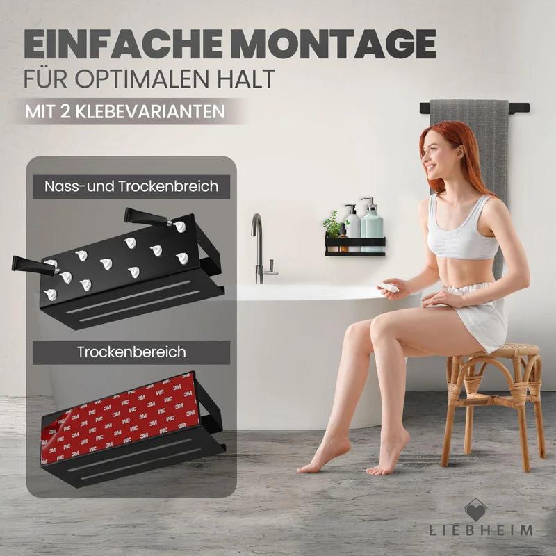 Duschablage Ohne Bohren - Badregal - Duschkorb - Bad Organizer | Massiv - silber gebürstet - 22 cm x 9 cm - 2 Klebevarianten für Nass- und Trockenbereich