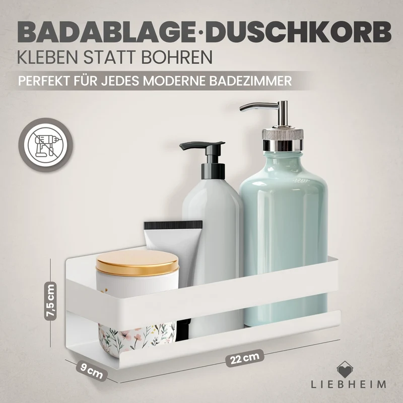 Duschablage Ohne Bohren - Badregal - Duschkorb - Bad Organizer | Massiv - silber gebürstet - 22 cm x 9 cm - 2 Klebevarianten für Nass- und Trockenbereich
