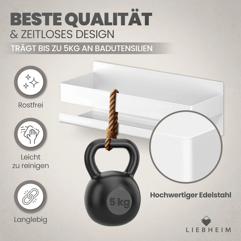 Duschablage Ohne Bohren - Badregal - Duschkorb - Bad Organizer | Massiv - silber gebürstet - 22 cm x 9 cm - 2 Klebevarianten für Nass- und Trockenbereich