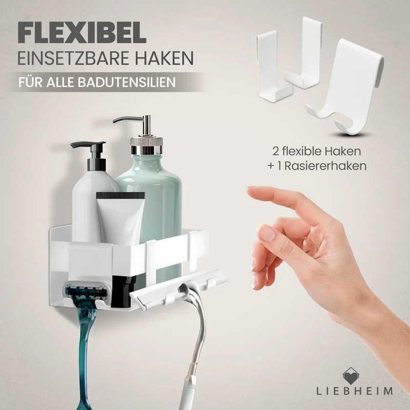 Duschablage Ohne Bohren - Badregal - Duschkorb - Bad Organizer | Massiv - silber gebürstet - 22 cm x 9 cm - 2 Klebevarianten für Nass- und Trockenbereich