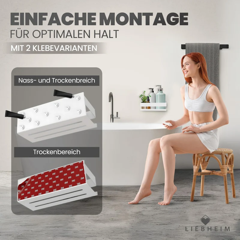 Duschablage Ohne Bohren - Badregal - Duschkorb - Bad Organizer | Massiv - silber gebürstet - 22 cm x 9 cm - 2 Klebevarianten für Nass- und Trockenbereich
