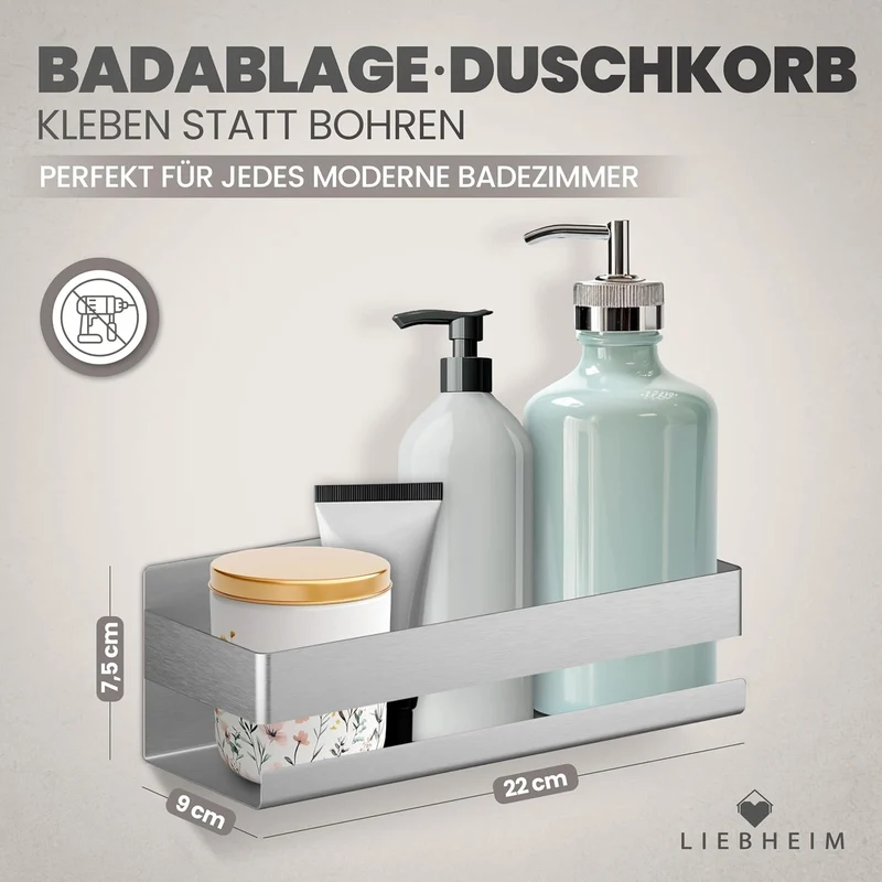 Duschablage Ohne Bohren - Badregal - Duschkorb - Bad Organizer | Massiv - silber gebürstet - 22 cm x 9 cm - 2 Klebevarianten für Nass- und Trockenbereich