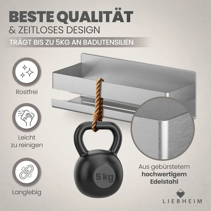 Duschablage Ohne Bohren - Badregal - Duschkorb - Bad Organizer | Massiv - silber gebürstet - 22 cm x 9 cm - 2 Klebevarianten für Nass- und Trockenbereich