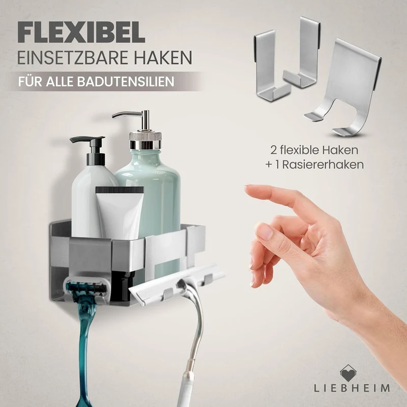 Duschablage Ohne Bohren - Badregal - Duschkorb - Bad Organizer | Massiv - silber gebürstet - 22 cm x 9 cm - 2 Klebevarianten für Nass- und Trockenbereich