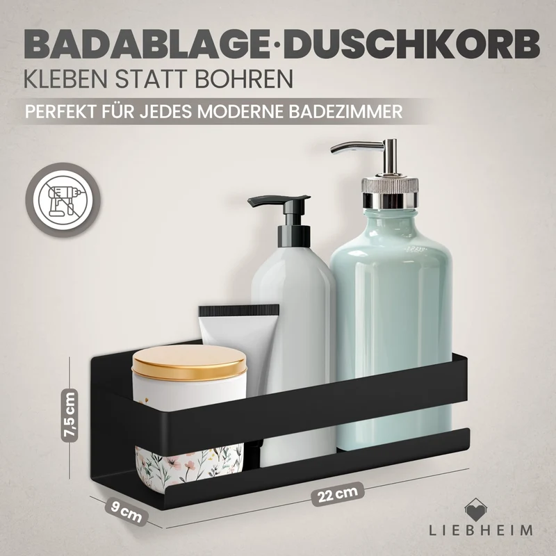 Duschablage Ohne Bohren - Badregal - Duschkorb - Bad Organizer | Massiv - silber gebürstet - 22 cm x 9 cm - 2 Klebevarianten für Nass- und Trockenbereich