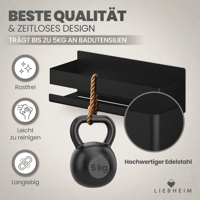 Duschablage Ohne Bohren - Badregal - Duschkorb - Bad Organizer | Massiv - silber gebürstet - 22 cm x 9 cm - 2 Klebevarianten für Nass- und Trockenbereich