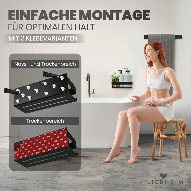 Duschablage Ohne Bohren - Badregal - Duschkorb - Bad Organizer | Massiv - silber gebürstet - 22 cm x 9 cm - 2 Klebevarianten für Nass- und Trockenbereich