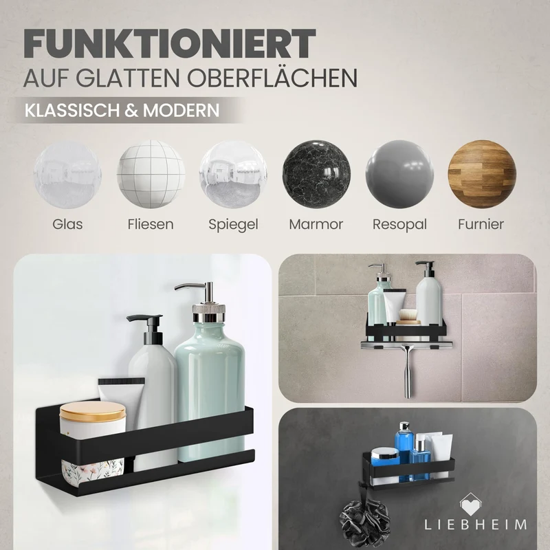 Duschablage Ohne Bohren - Badregal - Duschkorb - Bad Organizer | Massiv - silber gebürstet - 22 cm x 9 cm - 2 Klebevarianten für Nass- und Trockenbereich
