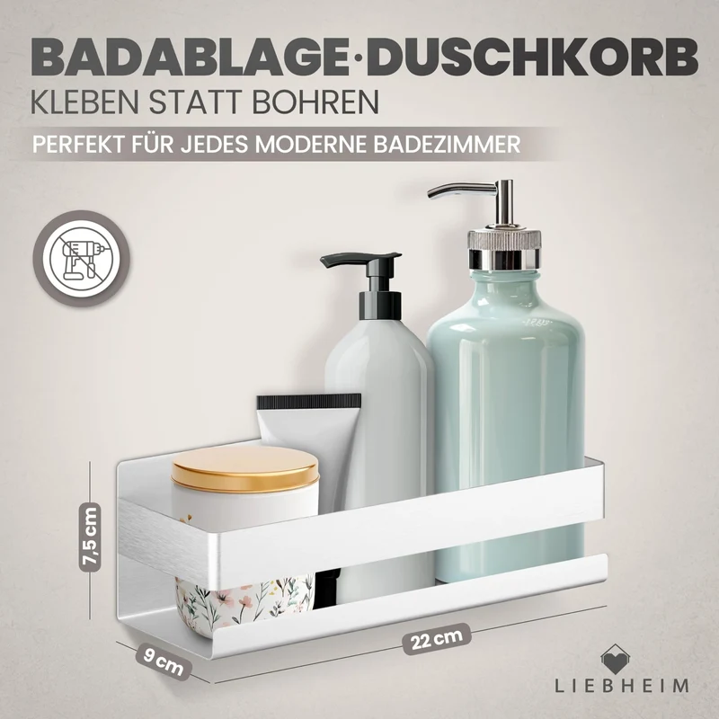 Duschablage Ohne Bohren - Badregal - Duschkorb - Bad Organizer | Massiv - silber gebürstet - 22 cm x 9 cm - 2 Klebevarianten für Nass- und Trockenbereich