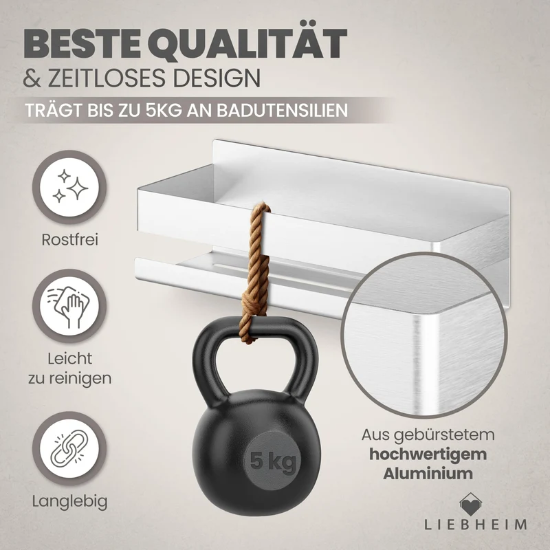 Duschablage Ohne Bohren - Badregal - Duschkorb - Bad Organizer | Massiv - silber gebürstet - 22 cm x 9 cm - 2 Klebevarianten für Nass- und Trockenbereich