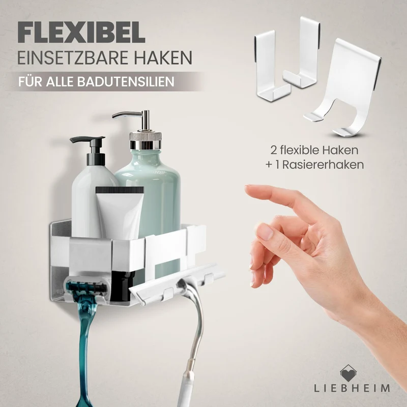 Duschablage Ohne Bohren - Badregal - Duschkorb - Bad Organizer | Massiv - silber gebürstet - 22 cm x 9 cm - 2 Klebevarianten für Nass- und Trockenbereich