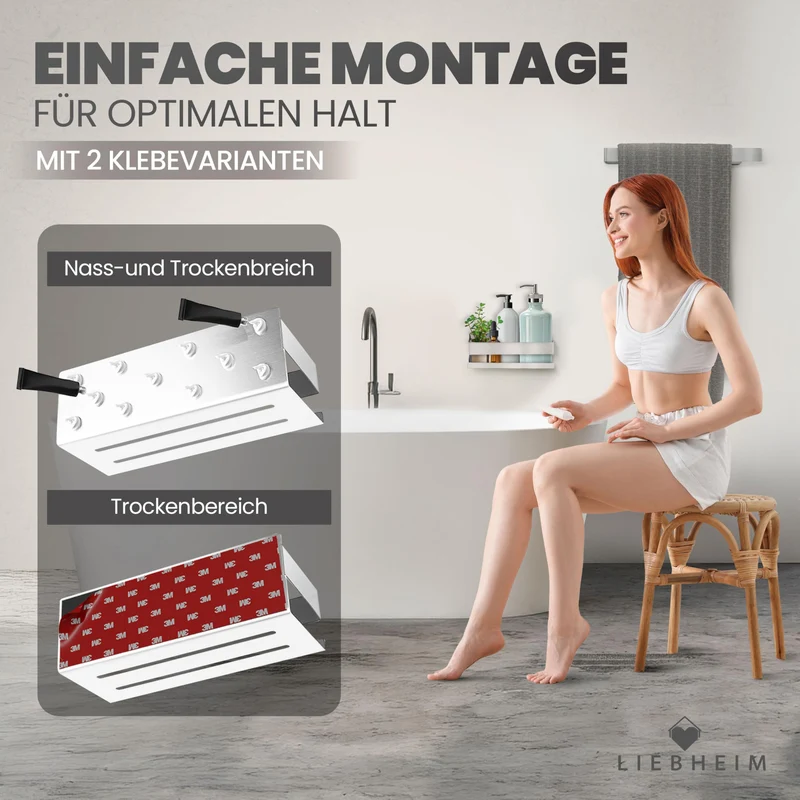 Duschablage Ohne Bohren - Badregal - Duschkorb - Bad Organizer | Massiv - silber gebürstet - 22 cm x 9 cm - 2 Klebevarianten für Nass- und Trockenbereich
