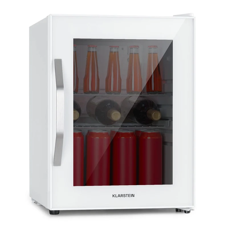 Getränkekühlschrank 33 L – Mini Kühlschrank mit Glastür, Silber-Schwarz | LED-Beleuchtung, herausnehmbare Metallablagen, leise, Flaschenkühlschrank für Getränke & Dosen