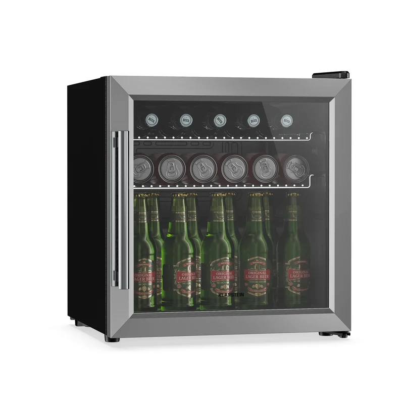 Getränkekühlschrank 33 L – Mini Kühlschrank mit Glastür, Silber-Schwarz | LED-Beleuchtung, herausnehmbare Metallablagen, leise, Flaschenkühlschrank für Getränke & Dosen