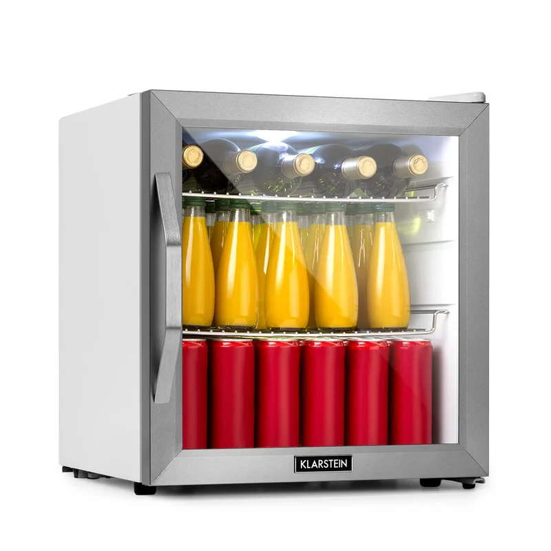 Getränkekühlschrank 33 L – Mini Kühlschrank mit Glastür, Silber-Schwarz | LED-Beleuchtung, herausnehmbare Metallablagen, leise, Flaschenkühlschrank für Getränke & Dosen