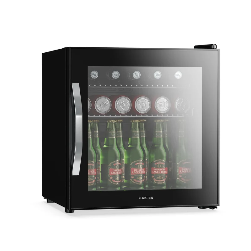 Getränkekühlschrank 33 L – Mini Kühlschrank mit Glastür, Silber-Schwarz | LED-Beleuchtung, herausnehmbare Metallablagen, leise, Flaschenkühlschrank für Getränke & Dosen
