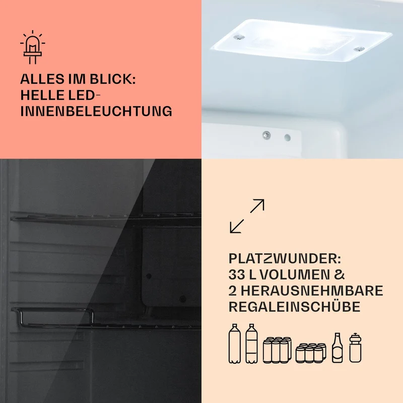 Getränkekühlschrank 33 L – Mini Kühlschrank mit Glastür, Silber-Schwarz | LED-Beleuchtung, herausnehmbare Metallablagen, leise, Flaschenkühlschrank für Getränke & Dosen