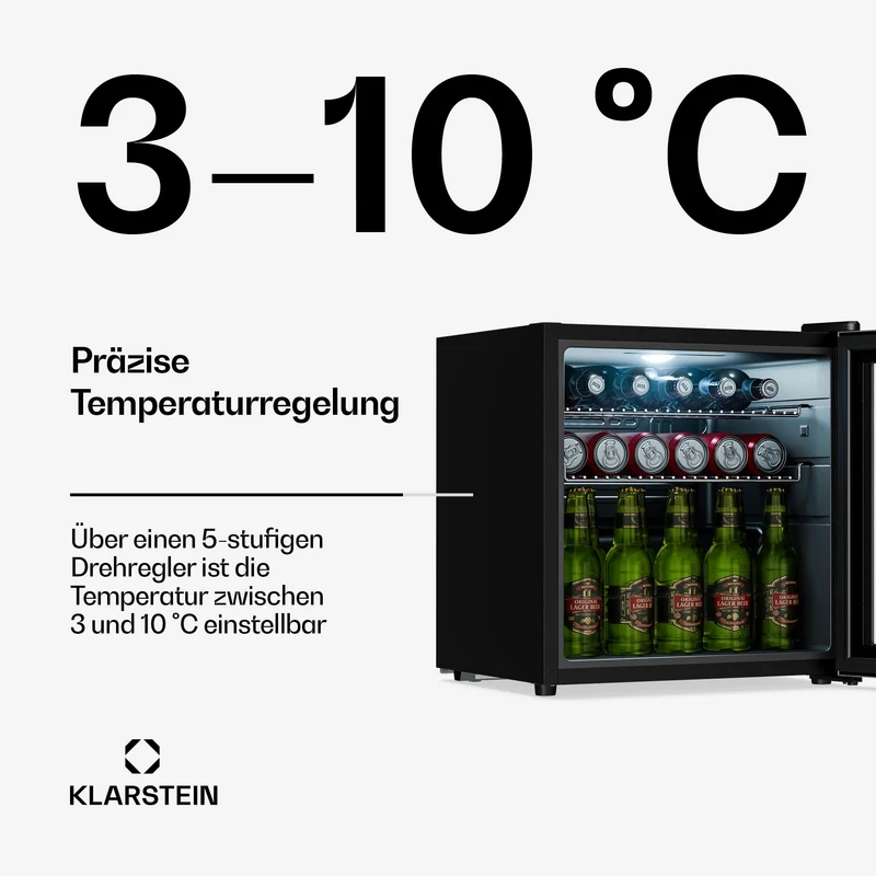 Getränkekühlschrank 33 L – Mini Kühlschrank mit Glastür, Silber-Schwarz | LED-Beleuchtung, herausnehmbare Metallablagen, leise, Flaschenkühlschrank für Getränke & Dosen