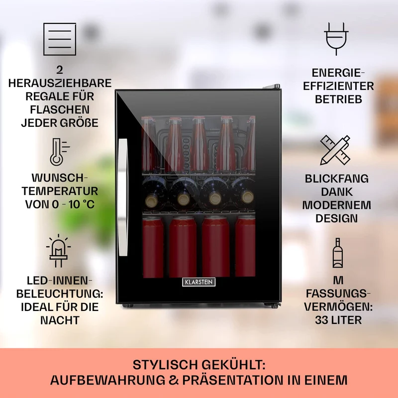 Getränkekühlschrank 33 L – Mini Kühlschrank mit Glastür, Silber-Schwarz | LED-Beleuchtung, herausnehmbare Metallablagen, leise, Flaschenkühlschrank für Getränke & Dosen