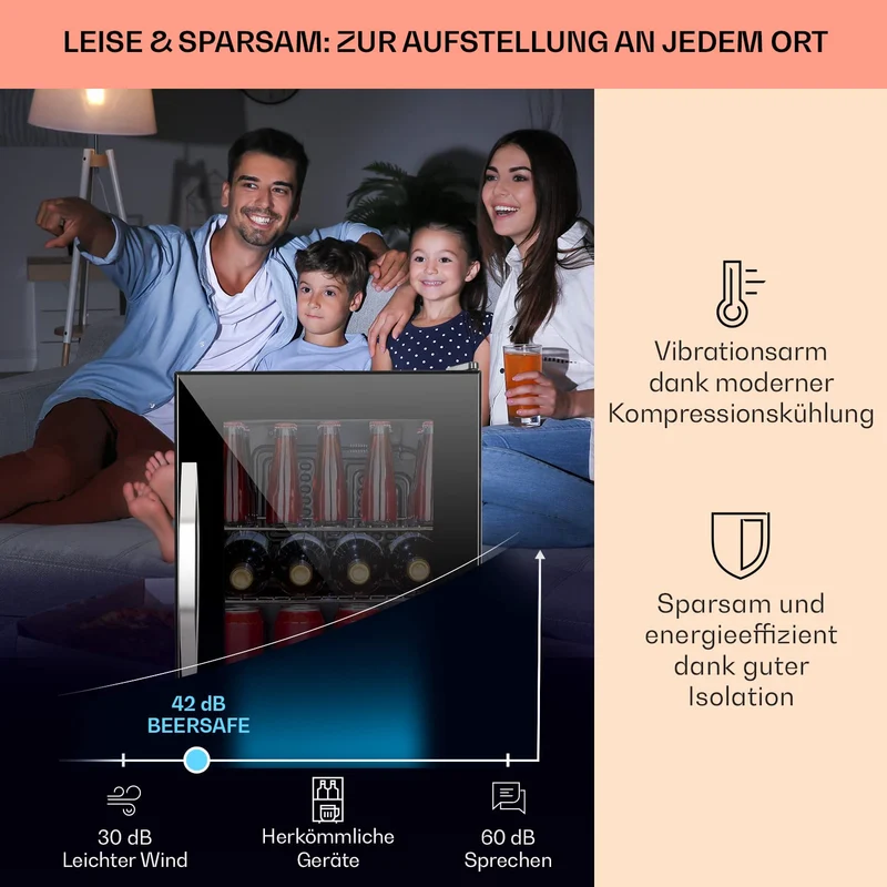 Getränkekühlschrank 33 L – Mini Kühlschrank mit Glastür, Silber-Schwarz | LED-Beleuchtung, herausnehmbare Metallablagen, leise, Flaschenkühlschrank für Getränke & Dosen