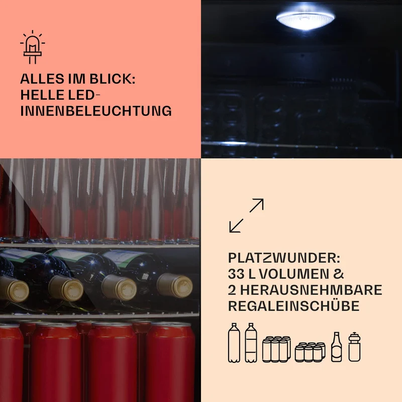 Getränkekühlschrank 33 L – Mini Kühlschrank mit Glastür, Silber-Schwarz | LED-Beleuchtung, herausnehmbare Metallablagen, leise, Flaschenkühlschrank für Getränke & Dosen