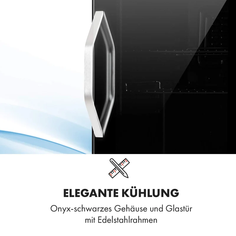 Getränkekühlschrank 33 L – Mini Kühlschrank mit Glastür, Silber-Schwarz | LED-Beleuchtung, herausnehmbare Metallablagen, leise, Flaschenkühlschrank für Getränke & Dosen