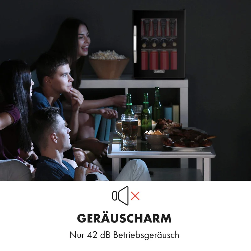 Getränkekühlschrank 33 L – Mini Kühlschrank mit Glastür, Silber-Schwarz | LED-Beleuchtung, herausnehmbare Metallablagen, leise, Flaschenkühlschrank für Getränke & Dosen