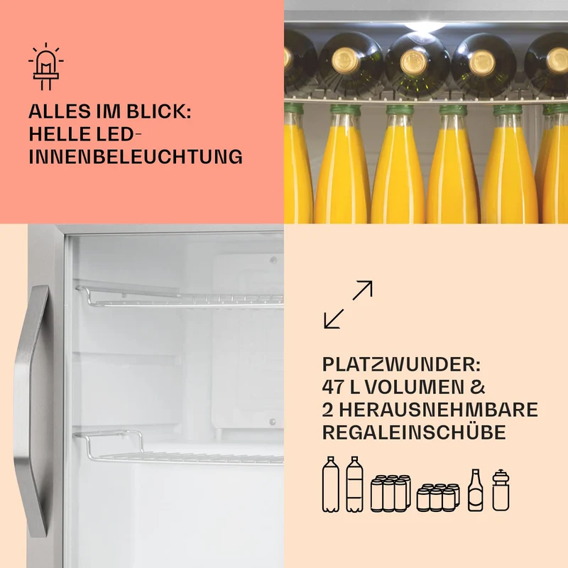 Getränkekühlschrank 33 L – Mini Kühlschrank mit Glastür, Silber-Schwarz | LED-Beleuchtung, herausnehmbare Metallablagen, leise, Flaschenkühlschrank für Getränke & Dosen