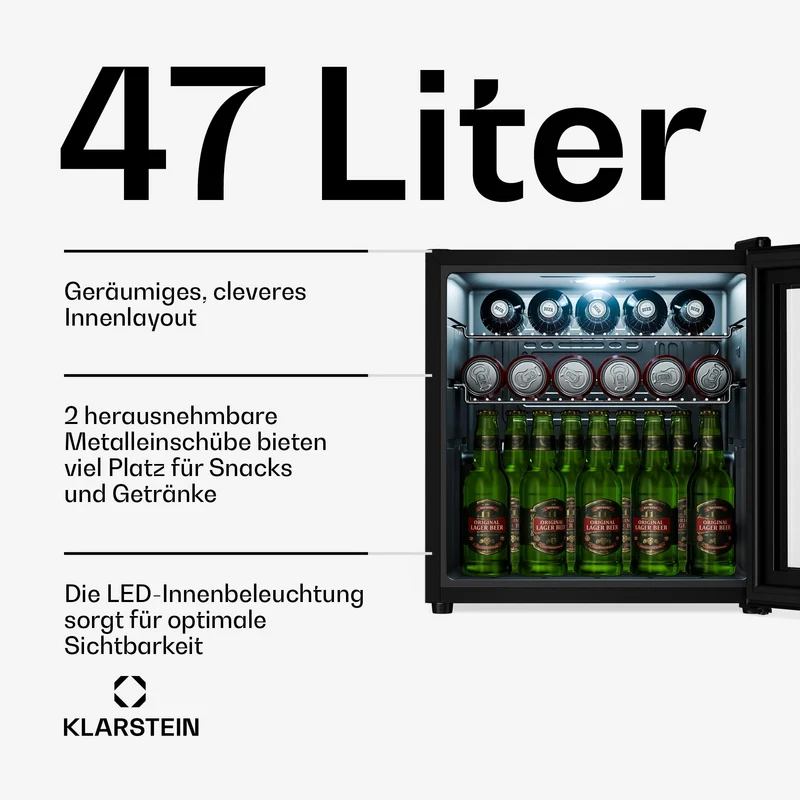 Getränkekühlschrank 33 L – Mini Kühlschrank mit Glastür, Silber-Schwarz | LED-Beleuchtung, herausnehmbare Metallablagen, leise, Flaschenkühlschrank für Getränke & Dosen