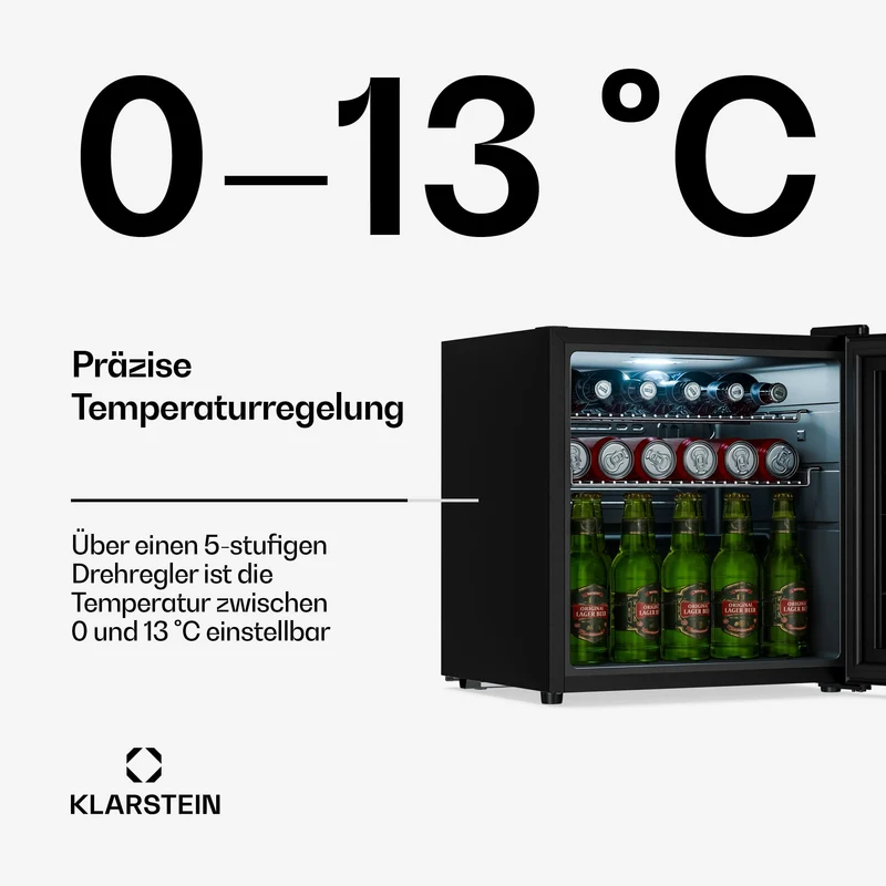 Getränkekühlschrank 33 L – Mini Kühlschrank mit Glastür, Silber-Schwarz | LED-Beleuchtung, herausnehmbare Metallablagen, leise, Flaschenkühlschrank für Getränke & Dosen