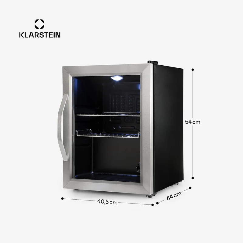 Getränkekühlschrank 33 L – Mini Kühlschrank mit Glastür, Silber-Schwarz | LED-Beleuchtung, herausnehmbare Metallablagen, leise, Flaschenkühlschrank für Getränke & Dosen