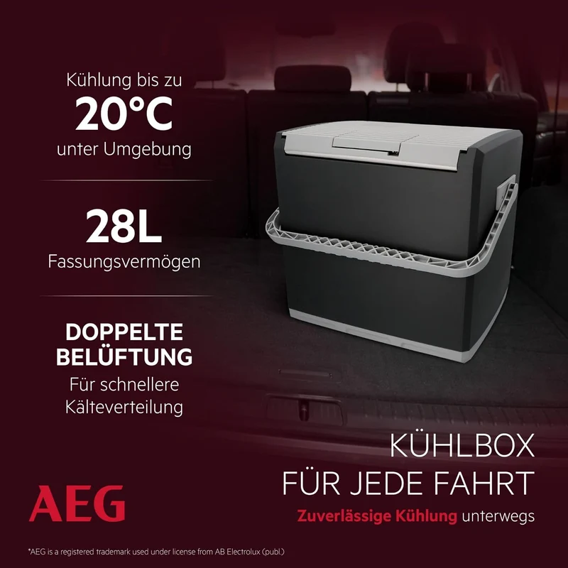 AEG Thermoelektrische Kühlbox KK 28, kühlt bis 20 °C unter Umgebungstemparatur, 28 Liter Fassungsvermögen, 12V/230V, Tragegriff & Kabelfach, leicht zu reinigen, für Auto, Reisen & Camping