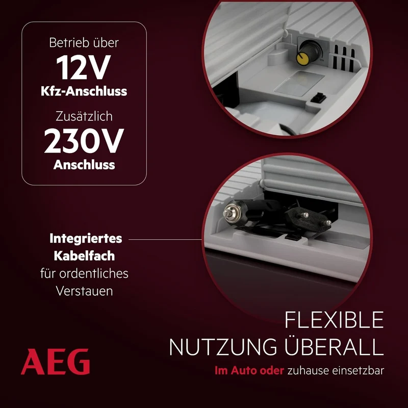 AEG Thermoelektrische Kühlbox KK 28, kühlt bis 20 °C unter Umgebungstemparatur, 28 Liter Fassungsvermögen, 12V/230V, Tragegriff & Kabelfach, leicht zu reinigen, für Auto, Reisen & Camping