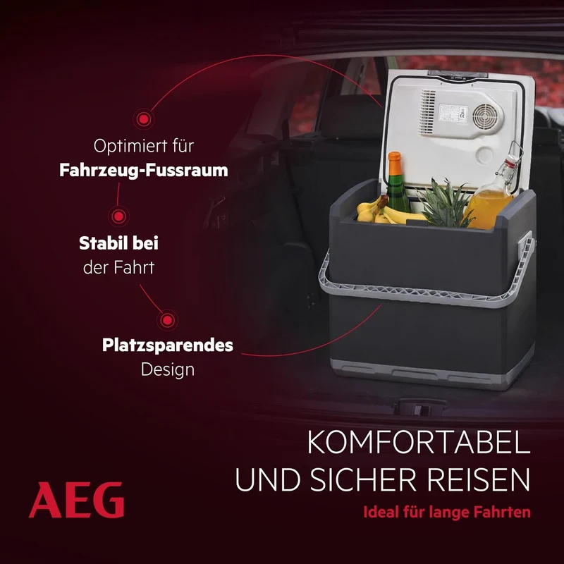 AEG Thermoelektrische Kühlbox KK 28, kühlt bis 20 °C unter Umgebungstemparatur, 28 Liter Fassungsvermögen, 12V/230V, Tragegriff & Kabelfach, leicht zu reinigen, für Auto, Reisen & Camping