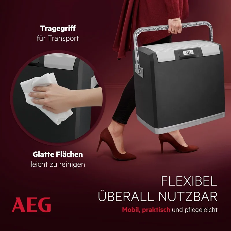 AEG Thermoelektrische Kühlbox KK 28, kühlt bis 20 °C unter Umgebungstemparatur, 28 Liter Fassungsvermögen, 12V/230V, Tragegriff & Kabelfach, leicht zu reinigen, für Auto, Reisen & Camping