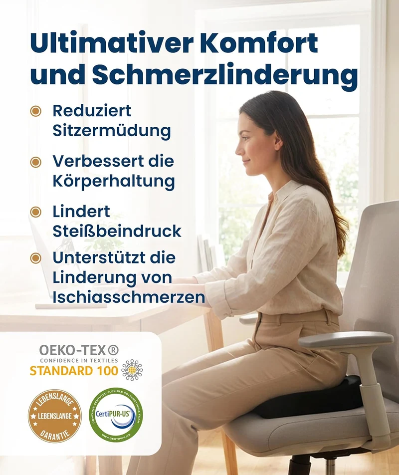 Sitzkissen für Bürostuhl, Auto & Zuhause – Komfortkissen mit waschbarem Bezug, Rutschfester Unterseite und konturierter Form