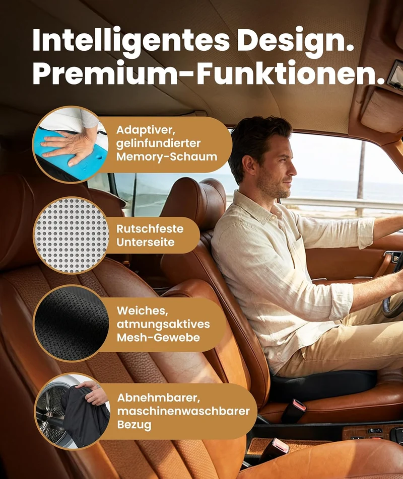 Sitzkissen für Bürostuhl, Auto & Zuhause – Komfortkissen mit waschbarem Bezug, Rutschfester Unterseite und konturierter Form