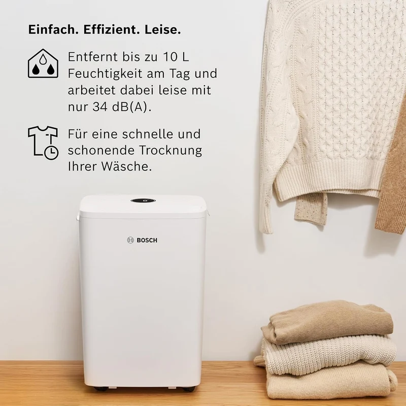 Bosch Dry, Luftentfeuchter, Für Räume bis zu 33 m² | Einfach, Effizient, Leise, Ideal für Deine Wohnung & die schnelle Trocknung Deiner Wäsche
