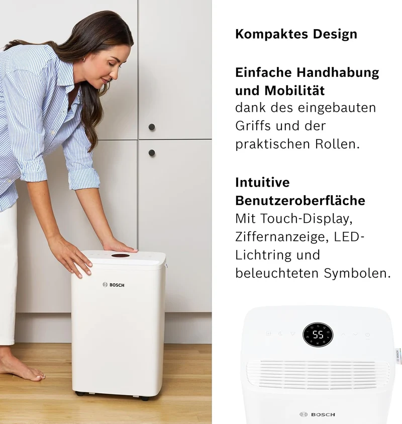 Bosch Dry, Luftentfeuchter, Für Räume bis zu 33 m² | Einfach, Effizient, Leise, Ideal für Deine Wohnung & die schnelle Trocknung Deiner Wäsche