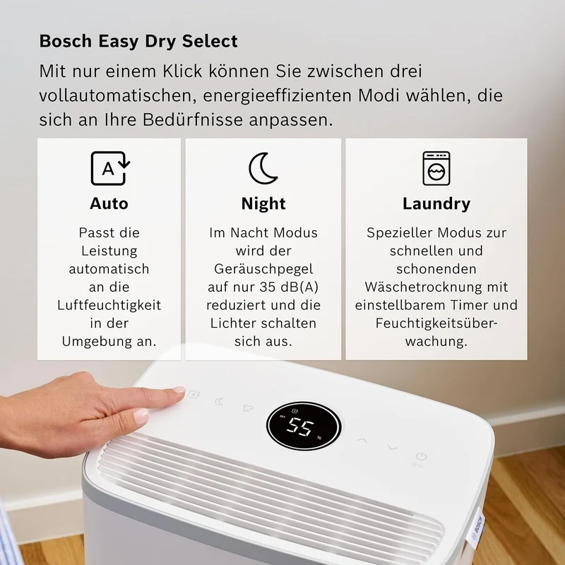 Bosch Dry, Luftentfeuchter, Für Räume bis zu 33 m² | Einfach, Effizient, Leise, Ideal für Deine Wohnung & die schnelle Trocknung Deiner Wäsche