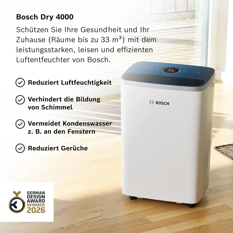 Bosch Dry, Luftentfeuchter, Für Räume bis zu 33 m² | Einfach, Effizient, Leise, Ideal für Deine Wohnung & die schnelle Trocknung Deiner Wäsche
