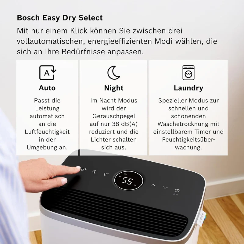 Bosch Dry, Luftentfeuchter, Für Räume bis zu 33 m² | Einfach, Effizient, Leise, Ideal für Deine Wohnung & die schnelle Trocknung Deiner Wäsche