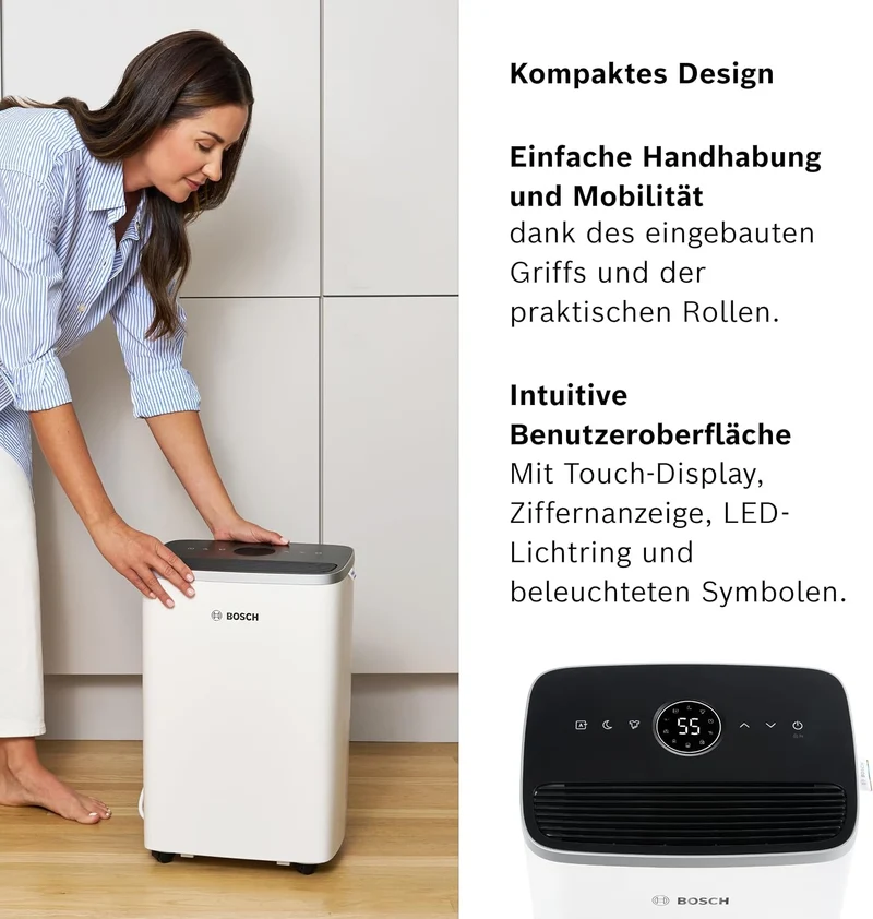 Bosch Dry, Luftentfeuchter, Für Räume bis zu 33 m² | Einfach, Effizient, Leise, Ideal für Deine Wohnung & die schnelle Trocknung Deiner Wäsche