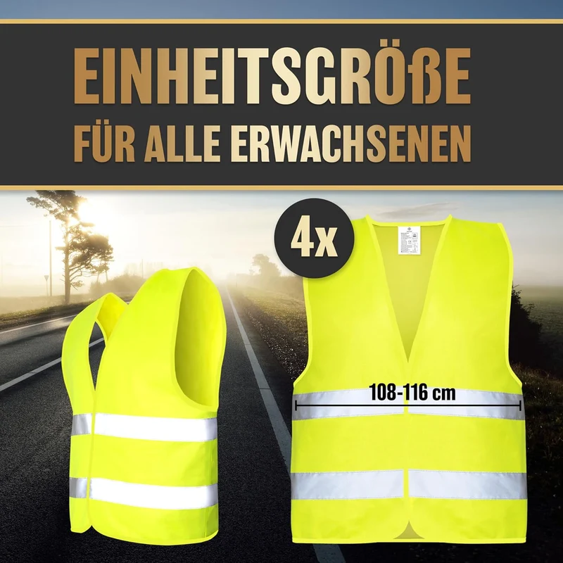 Warnwesten Auto 4er Set Europaweit gültig nach aktueller Norm 2026 EN ISO 20471 - Reflektierende Warnweste Auto - Sicherheitsweste Gelb - Warnschutzweste - Auto Warnweste für Erwachsene