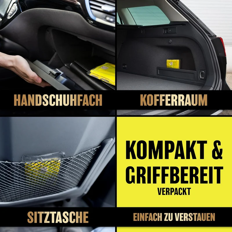 Warnwesten Auto 4er Set Europaweit gültig nach aktueller Norm 2026 EN ISO 20471 - Reflektierende Warnweste Auto - Sicherheitsweste Gelb - Warnschutzweste - Auto Warnweste für Erwachsene