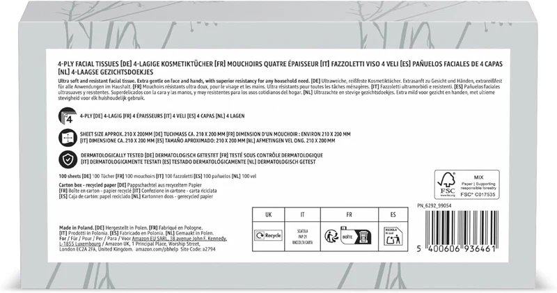 12 x 3-lagige Kosmetiktücher, 1080 Blatt, 12 Packungen à 90 Blatt
