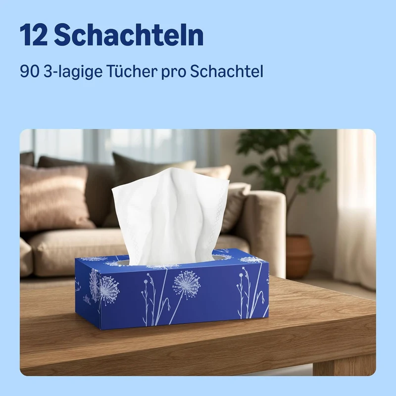 12 x 3-lagige Kosmetiktücher, 1080 Blatt, 12 Packungen à 90 Blatt