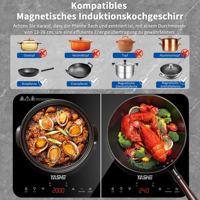 Induktionskochfeld – Einzel Induktionskochplatte, 10-Leistungseinstellung und 10-Temperaturstufen, 2000W Induktionskochfeld 1 Platte, 4-Stunden-Timer, Sicherheitsschloss, Mobil
