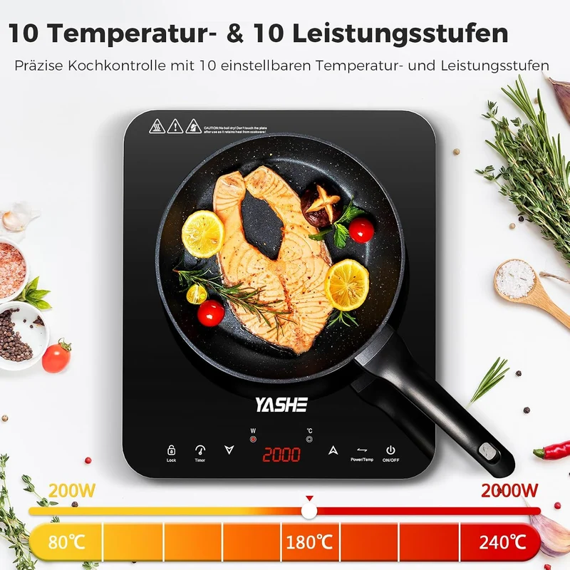 Induktionskochfeld – Einzel Induktionskochplatte, 10-Leistungseinstellung und 10-Temperaturstufen, 2000W Induktionskochfeld 1 Platte, 4-Stunden-Timer, Sicherheitsschloss, Mobil