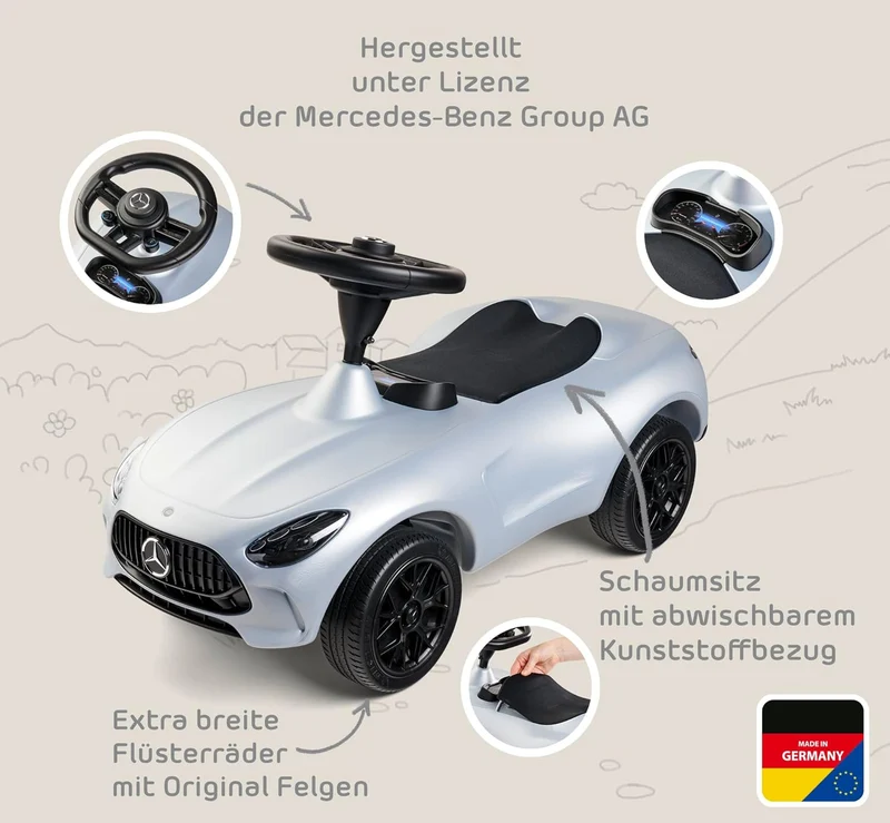Mercedes-AMG GT - Designt zusammen mit Mercedes-AMG, mit Breiten Flüsterreifen und griffigem Lenkrad, Rutscher-Auto, für Kinder ab 18 Monaten